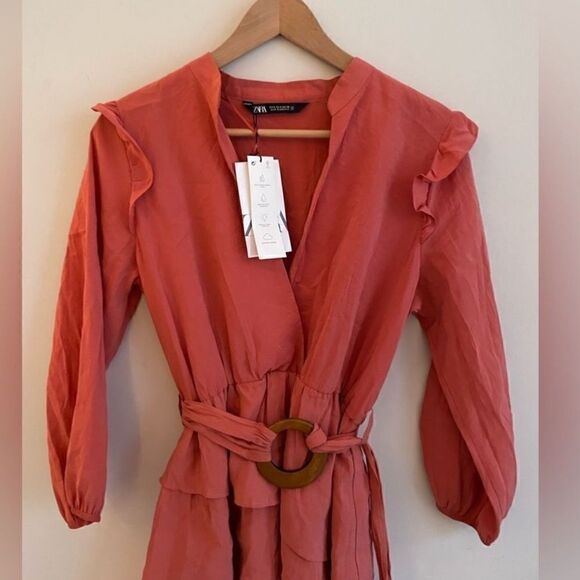 NWOT Zara Ruffled Mini Dress Long Sleeve Peach - Picture 8 of 9